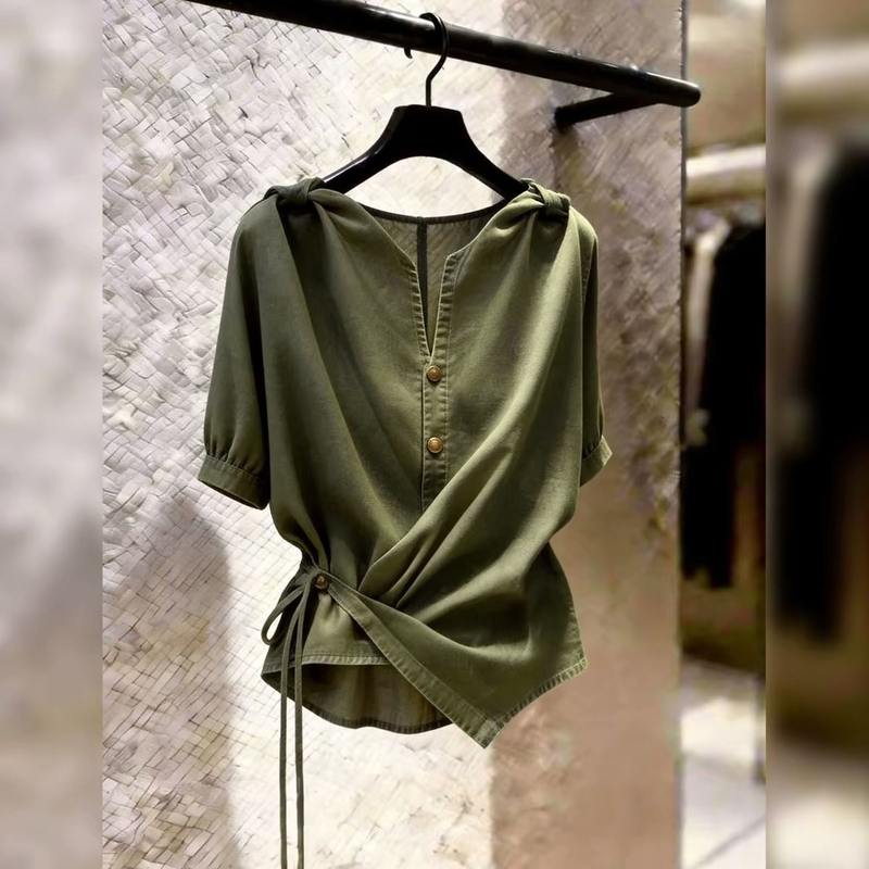 Green V-Neck Tie-Waist Blouse for Women, Designed with a Unique and High-End Feel, Casual Style Shirt