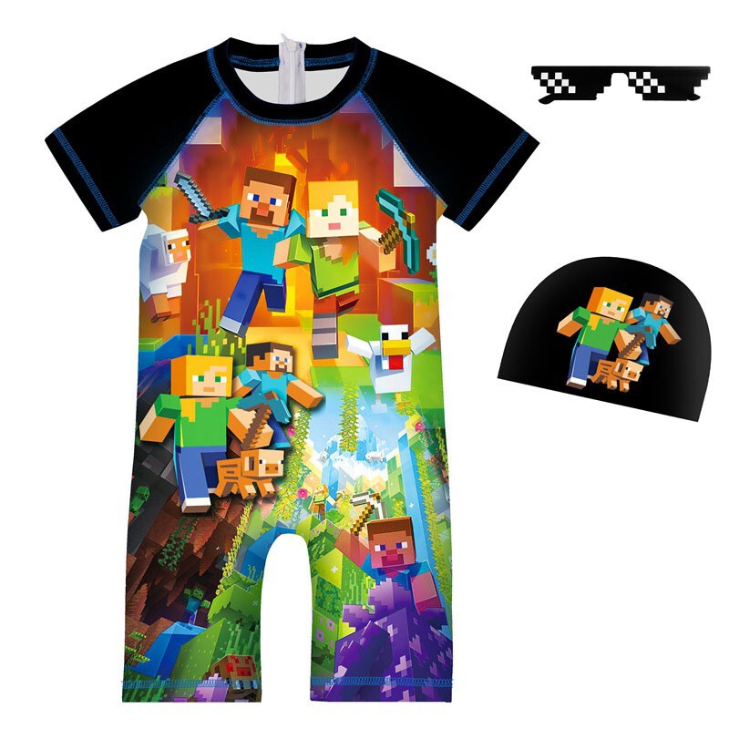 Minecraft Kidsren's Short-Sleeved One-Piece Swimsuit Boy Cartoon Summer Swimsuit and Swimming Cap Set
