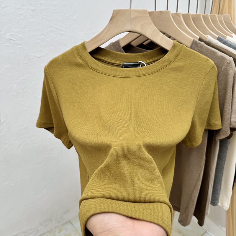 Solid Color Mustard Yellow Simple Short-Sleeve T-Shirt for Women, Summer Versatile Ribbed Crew Neck Base Shirt, Loose and Slimming New Top