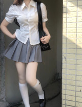 JK Uniform Shirt Short Sleeve Blouse Blouse Womens Hot Girl Pure Desire Bubble Cuff Closedown Waistcoat Summer Academy Thyme Skirt Suit