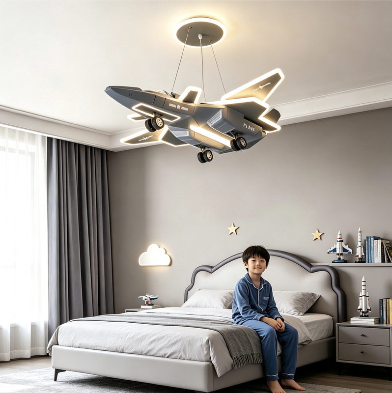 Children's Room Airplane-Shaped Chandelier, Creative Fighter Jet Model That Can Transform, Boy's Bedroom Room Light, 2026 New Model