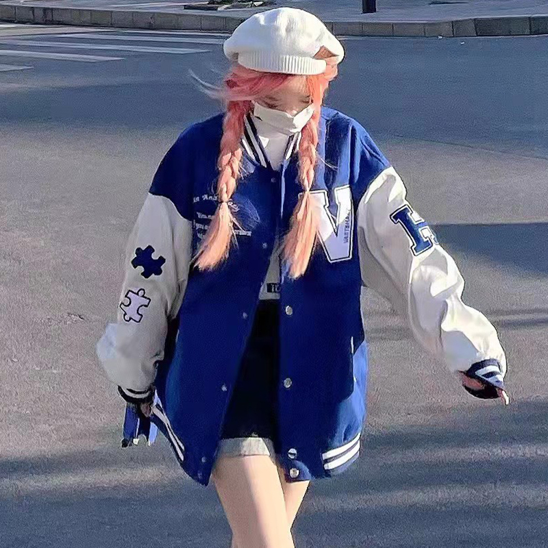 Vast&Hazy Puzzle Baseball Jacket for Women, Preppy Style, American Retro, Couple Abg Hot Girl Design, Blue Jacket