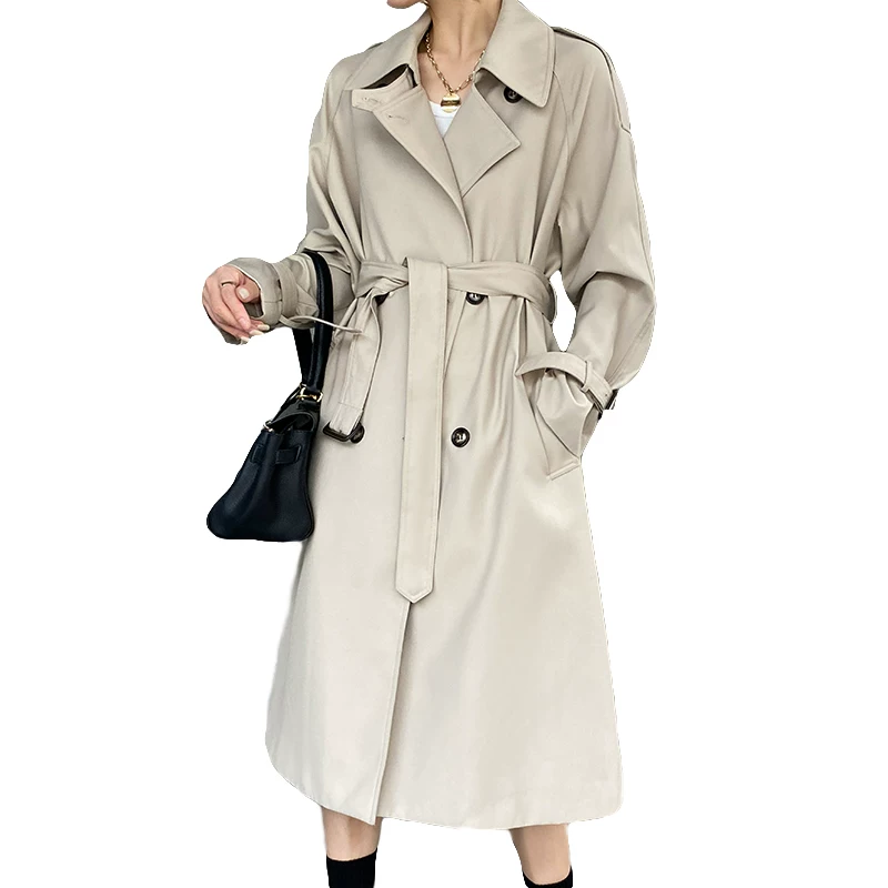 Элитное длинное trench-coat (плащ-транс) осенняя куртка, до середины икры, коллекция 2021 года, для подростков, корейский стиль