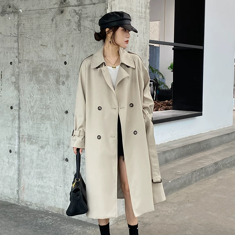 Элитное длинное trench-coat (плащ-транс) осенняя куртка, до середины икры, коллекция 2021 года, для подростков, корейский стиль