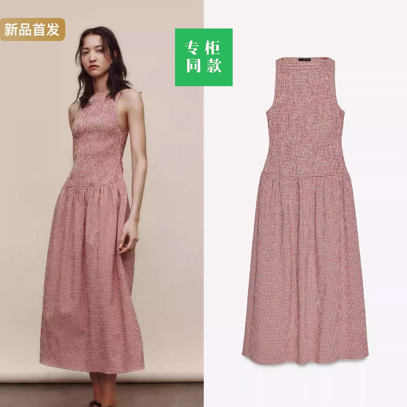Cabinet 429! Za Women's New Summer Elastic Chest Fresh Plaid Round Neck Sleeveless Midi Dress 3067329