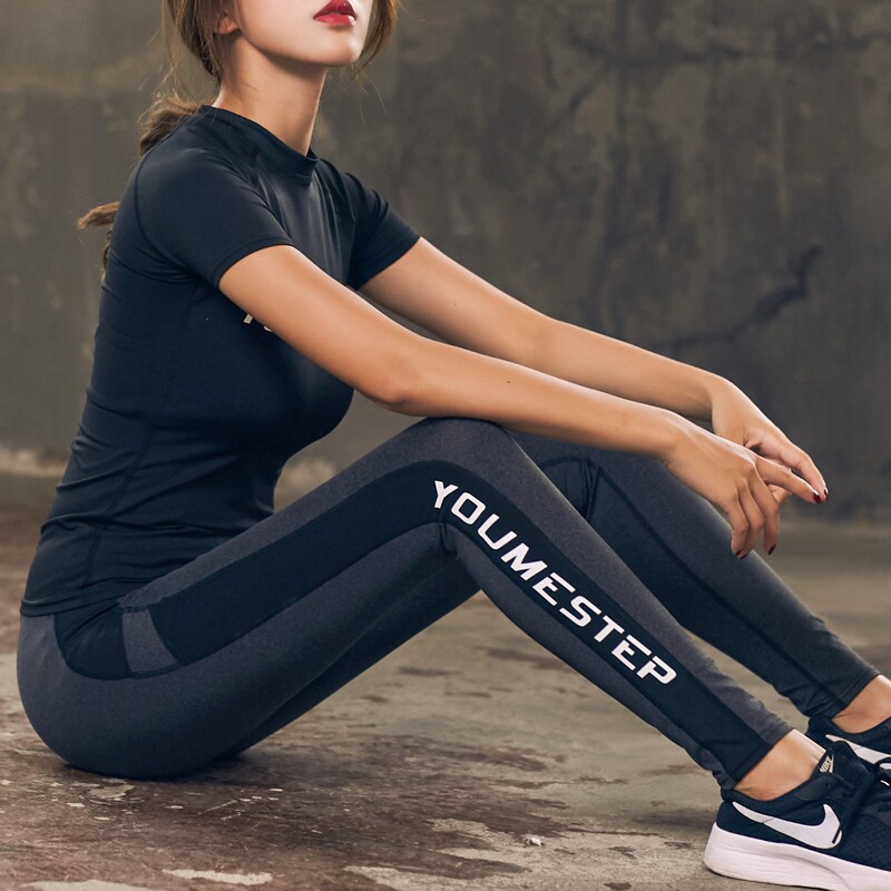 Sports fitness pants female yoga high waist hip lift elastic tight running quick-drying nine points summer thin leggings trousers