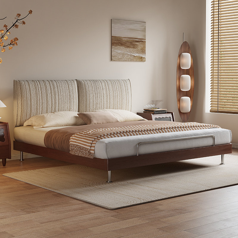 Qijiao Elephant Ear Bed Solid Wood Fabric Bed Small Apartment French Retro Ultra-Thin Headboard 1.8m Master Bedroom Double Bed