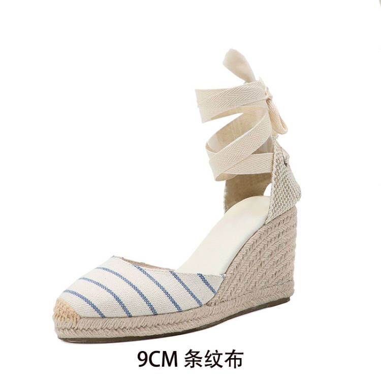 Straw Woven Fisherman Shoes with Wedge Heel, Lace-Up Sandals, High Heel 9cm, Mid-Heel 6.5cm, 5cm Canvas Shoes, Women's Shoes, European and American Style, Height-Increasing