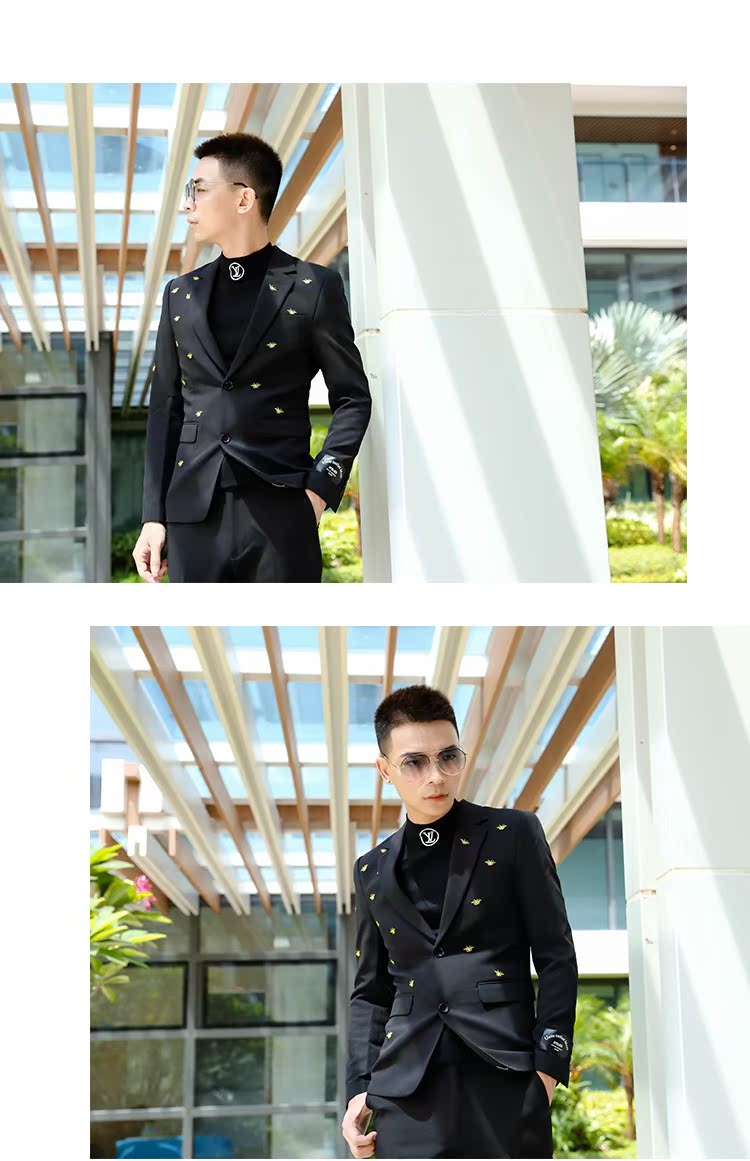 Bộ đồ liền thân thời trang phù hợp với bộ đồ mỏng nam phiên bản Hàn Quốc mùa thu mới thêu trẻ trung bộ đồ nhỏ áo sơ mi nam