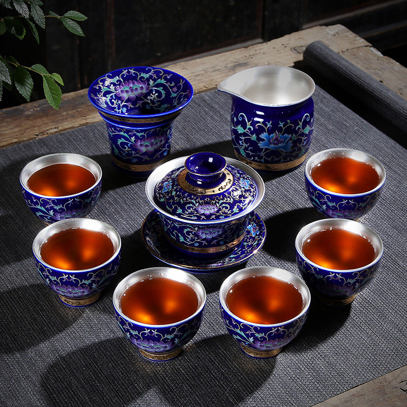 Gilt silver tea set 999 sterling silver set home office Jingdezhen ceramic kung fu complete set of enamel color gift high-end