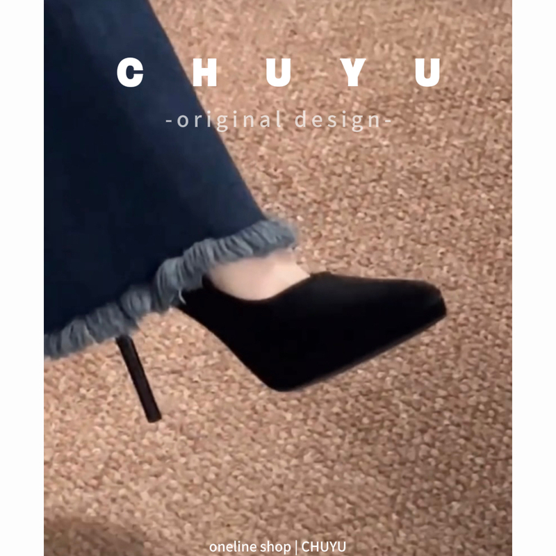 New Black Waterproof Platform High-Heeled Shoes for Women, High-End Design, French Suede Stiletto Shoes, Suitable for Petite Women, Comfortable on the Feet