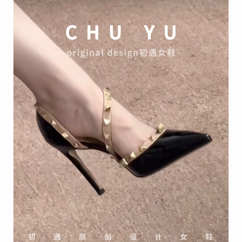 Rivet High Heels Women's Stiletto 2025 New Style Sexy and Elegant Pointed Toe Ankle Strap Sandals for Women