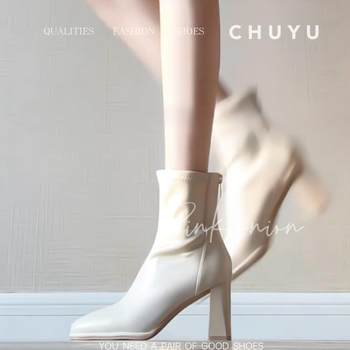 Off-White Short Boots for Women, New Autumn and Winter Boots with Plush Lining, Chunky Heel, High Heel Boots, Korean Drama Heroine Style, Slim Boots, Square Toe