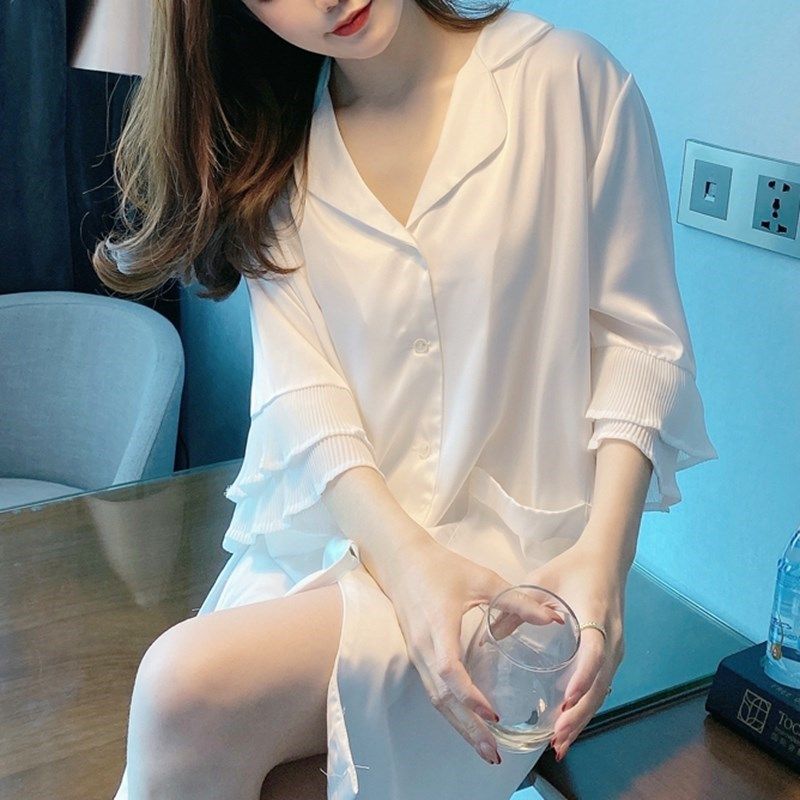 Boyfriend style ~ ruffle sleeve shirt! Internet celebrity mid-length silk ~ pajama women's summer thin high-end nightdress