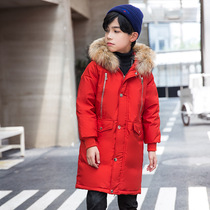 Boys and children long down jacket thickened Green Blue Black orange coat big child hair collar hooded cotton jacket winter