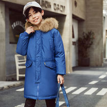 Boys and children long down jacket thickened Orange black blue green coat big child hair collar hooded cotton jacket winter