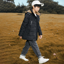 Boys and children long down jacket thickened blue-green black orange coat boy big boy hooded cotton-padded jacket winter
