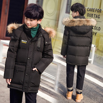 Boys and children long down jacket thickened orange green blue black coat big child hair collar hooded cotton jacket winter