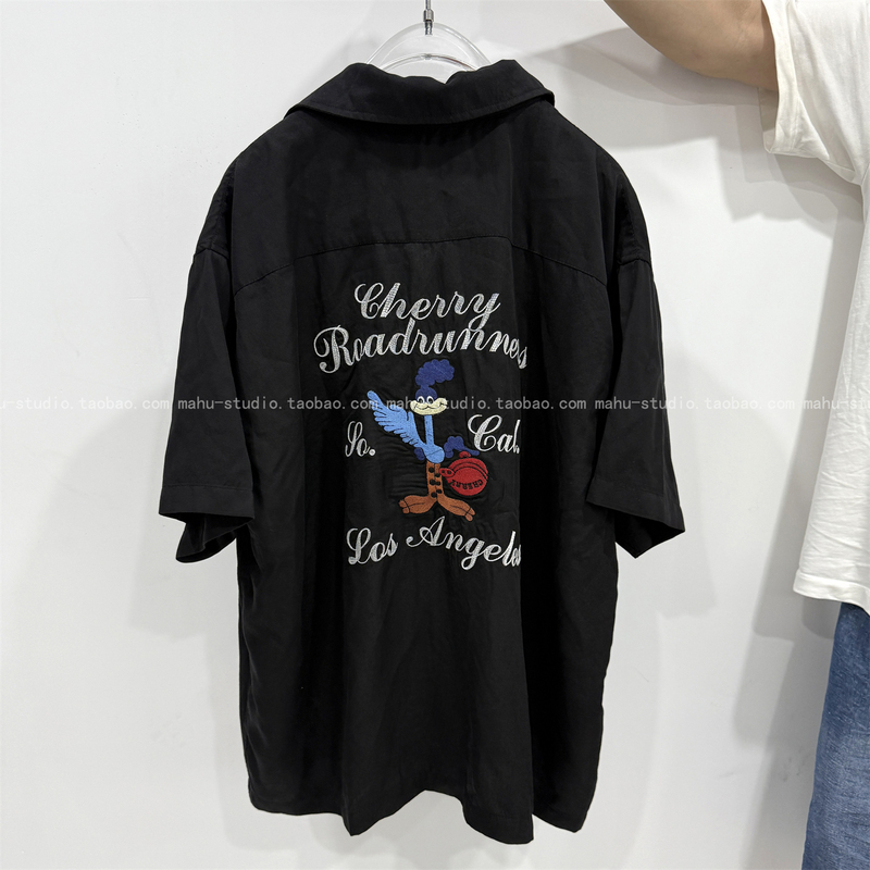 American Bowling Style Cherry La Cool Short-Sleeved Shirt Ostrich Embroidery Short Loose Fit Gentleman Shirt American Bowling Style Cherry La Cool Short-Sleeved Shirt Ostrich Embroidery Short Loose Fit Gentleman Shirt