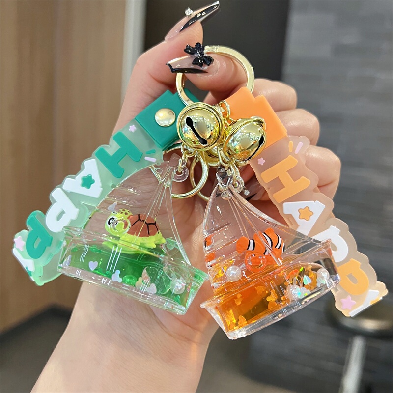 Acrylic Oil-Filled Sailboat Marine Animal Keychain Cute Ugly Fish Turtle Floating Figurine Quicksand Bottle Keychain