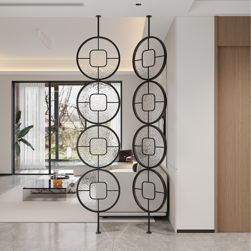 Living Room and Bedroom Half-Wall Glass Partition Screen, Rotatable, Copper Coin Design, Facing the Entrance Door, Decorative and Privacy Screen