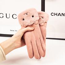 Winter electric cycling fur gloves plus velvet warm touch screen cute students cold fur cartoon waterproof