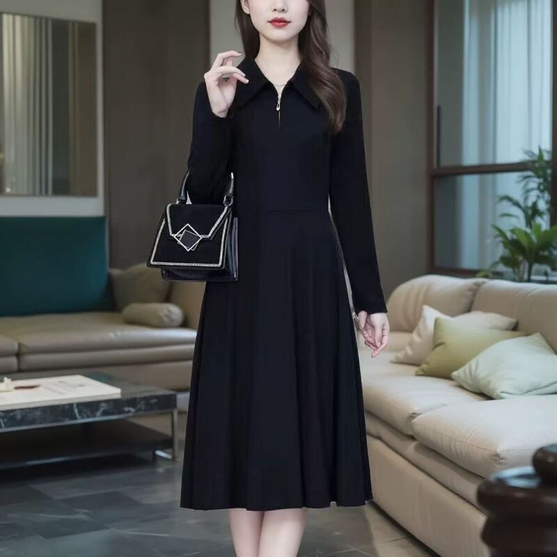 2026 Spring and Autumn Plus Size Long Sleeve Polo Collar Black Base Dress for Chubby Women, Waist-Slimming, Body-Covering Mid-Length Dress