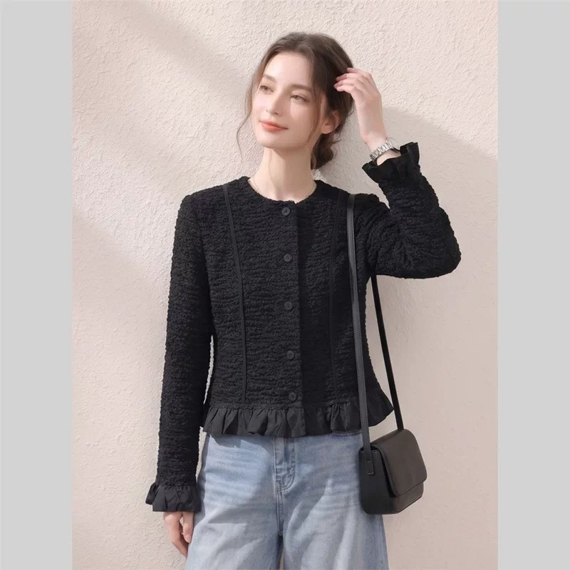 Black Lace Shirt for Women, New Autumn Style, Long-Sleeved, Round Neck, Buttoned, Ruffled Hem, Elegant Goddess Style Top for Women Black Lace Shirt for Women, New Autumn Style, Long-Sleeved, Round Neck, Buttoned, Ruffled Hem, Elegant Goddess Style Top for Women