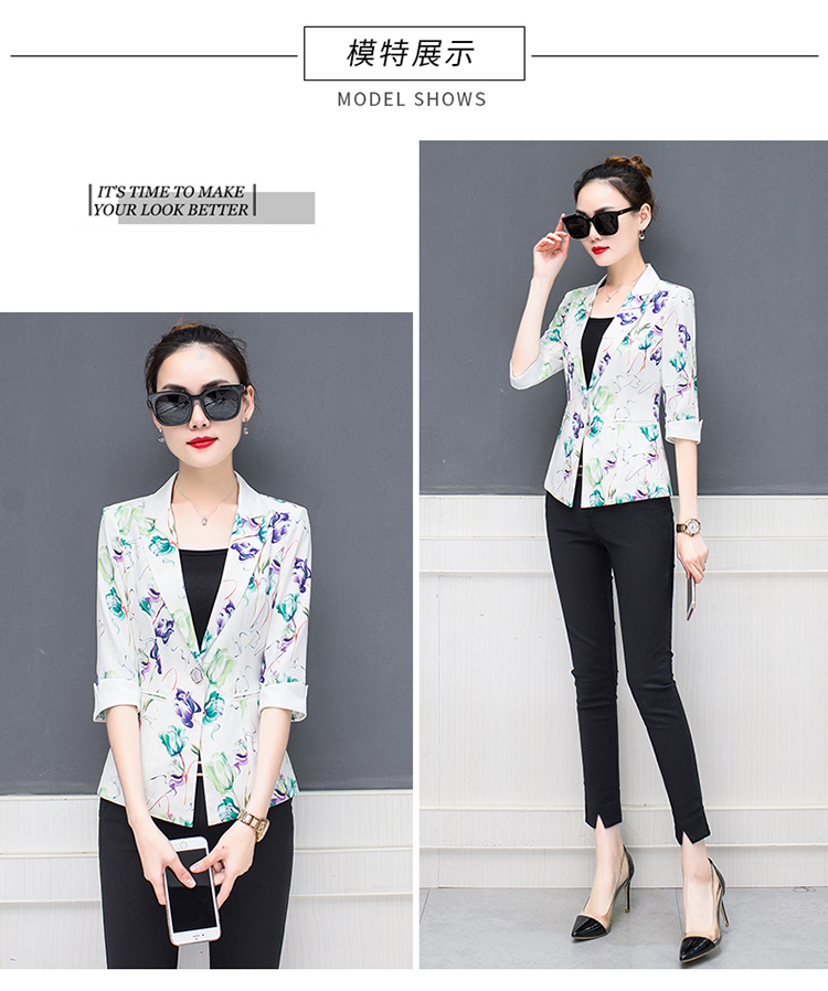 Áo khoác vest mới 2018 xuân hè mới size lớn chất béo mm khí chất bảy điểm tay áo một nút in họa tiết giản dị phù hợp với nữ ao khoac nu