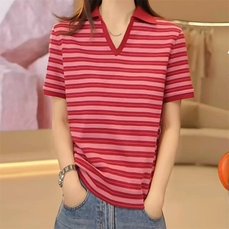 Amash Women's Genuine 2026 Summer New V-Neck Polo Shirt Loose Striped Short-Sleeved T-Shirt Top 530175 Amash Women's Genuine 2026 Summer New V-Neck Polo Shirt Loose Striped Short-Sleeved T-Shirt Top 530175