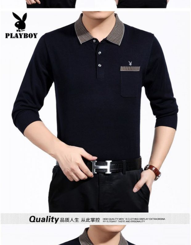 Playboy áo thun dài tay mùa thu đông mới cộng với nhung dày nam trung tính ve áo bỏ túi bố shirt versace