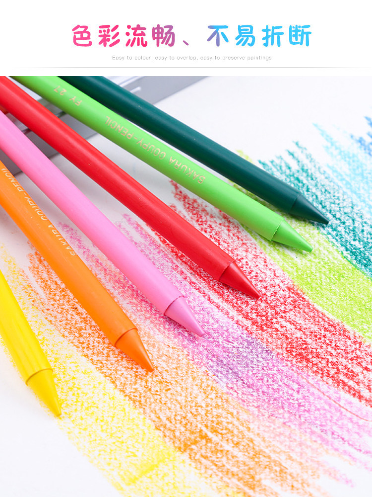 Japanese Sakura Brand Plastic Crayon Set with Fine Tips, Non-Staining, Suitable for Kindergarten, Children's Drawing, Elementary School Students, Colorful, Non-Sticky, Erasable, Triangular Crayons