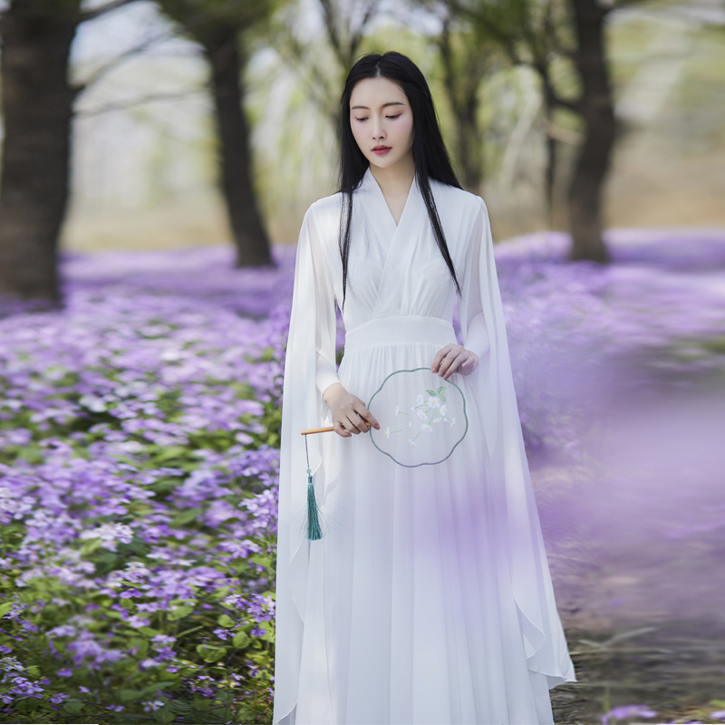 Improved Hanfu Women's Clothing, Ancient Style White Fairy Dress, Han Elements, Chinese-Style Cross-Collar, Elegant National Style Dress, Long Sleeves
