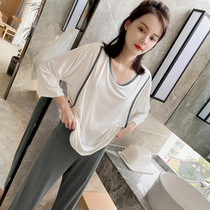Lunar Subsuit Spring Autumn Pure Cotton Postnatal Pregnant Woman Sleepwear Summer Thin pregnancy Pregnancy Breastfeeding breastfeeding Breastfeeding Clothing Home suits suit