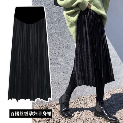 Maternity skirt Spring and Autumn A-word fashion skirt Tide Mom belly velvet pleated skirt skirt mid-length spring style