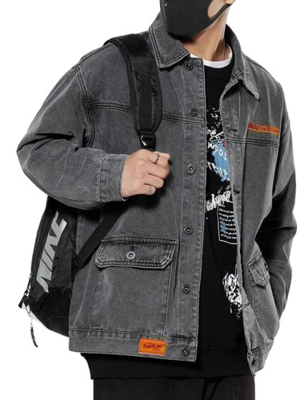 2023秋冬新款牛仔外套男宽松工装上衣夹克潮男大码男装翻领牛仔衣