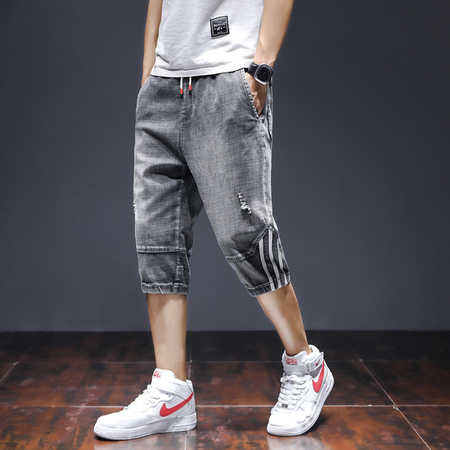 Summer thin denim shorts men's cropped trousers loose casual men's 7-point mid-pants ice silk cropped jeans for men