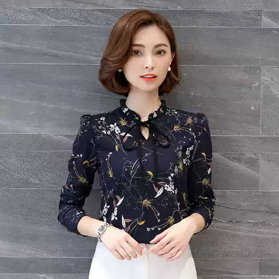 Floral shirt women's long sleeve 2021 autumn vintage fashion foreign pie bow chiffon shirt loose interior shirt inch
