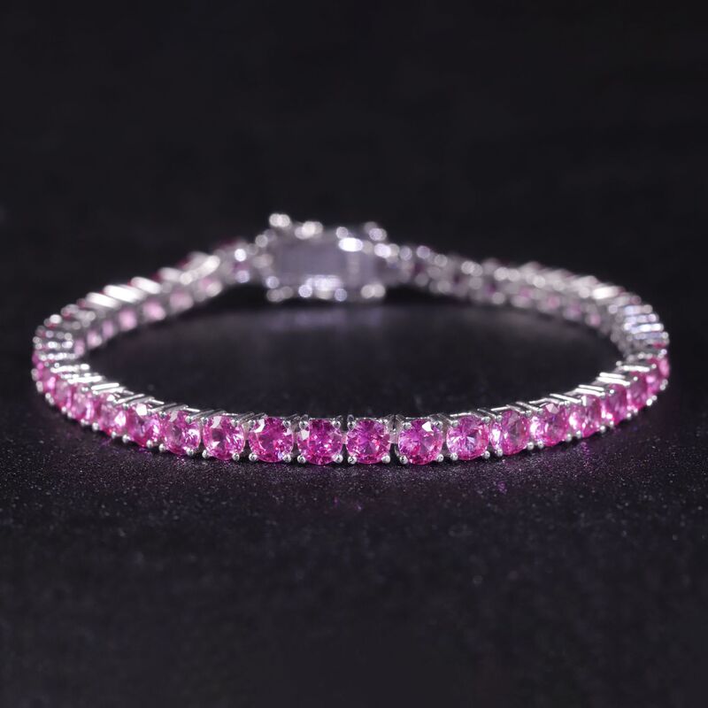 Cultured Pink Sapphire Tennis Bracelet 3/4/5mm Pink Gemstone Bracelet S925 Silver K Gold Texture