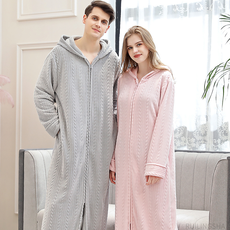 Zipper Nightgown for Women, Winter Coral Velvet Thickened Long Bathrobe, Men's Large Size Bathrobe, Flannel Pajamas, Couple's Nightdress, Autumn Zipper Nightgown for Women, Winter Coral Velvet Thickened Long Bathrobe, Men's Large Size Bathrobe, Flannel Pajamas, Couple's Nightdress, Autumn