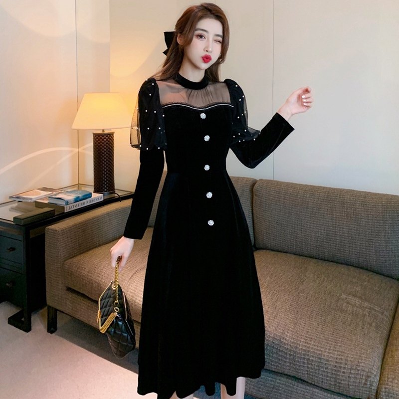 Plus Size Women's Fall/Winter 2020 New Round Neck Mesh Patchwork Takes Over Knee Long Skirt Nailed Bead Slim Midi Dress