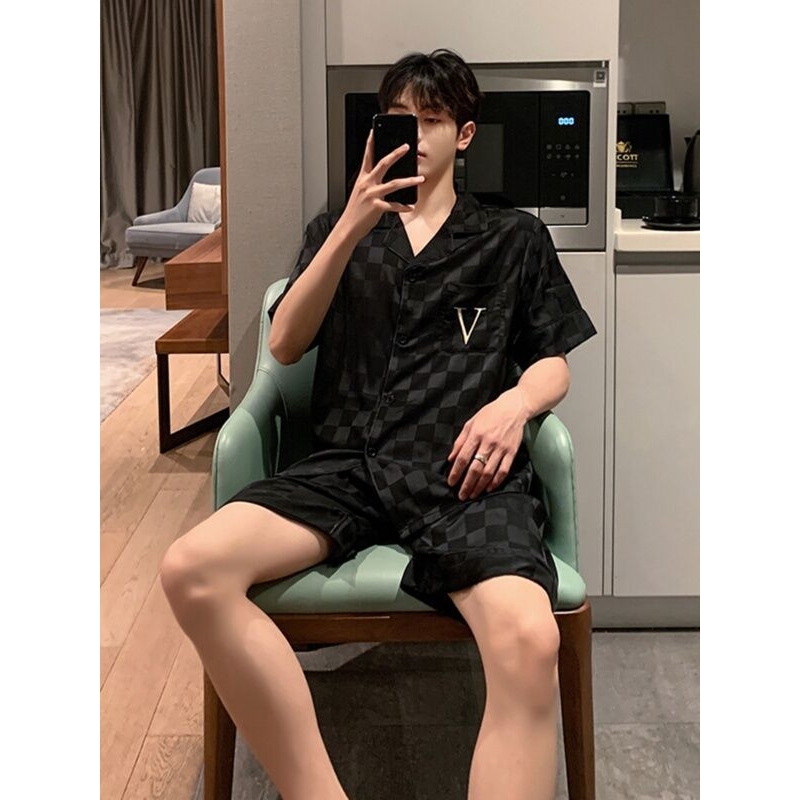 European Goods An&Lv/Angelababy Men's Pajamas Summer Ice Silk Thin Short-Sleeve Set 2025 New Summer Trendy Style