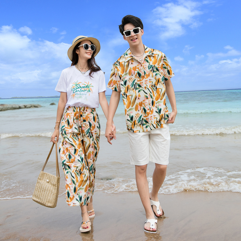Couple Wear Retro Hong Kong Style Shirt Shirt Hainan Sanya Seaside Travel Vacation Short-Sleeved T-Shirt Nine-Point Pants Suit