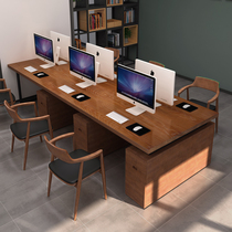 Solid wood work desk 4 people simple modern log office computer desk staff office Card Holder combination