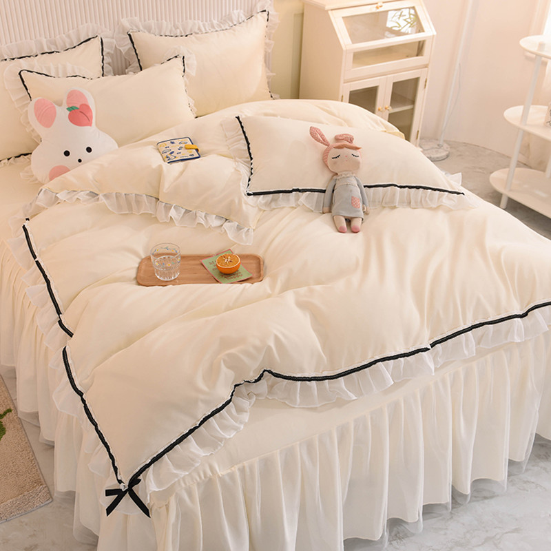Korean double lace non-slip bed skirt four-piece skin-friendly thickened cotton quilt cover sheets bedding Princess style