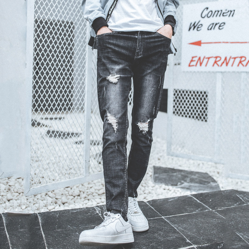 兔公子男士牛仔裤韩版裤子男装潮流个性破洞秋季青年修身小脚裤