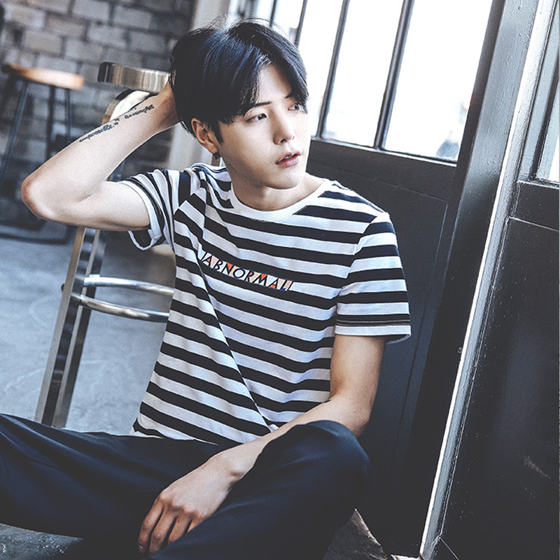 兔公子黑白条纹t恤男短袖2017韩版新款圆领半袖衫青少年潮流男装