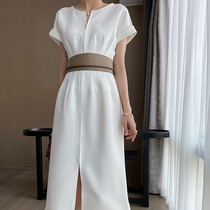  Aunt Cui customized sculptural white tea dress temperament goddess fan design sense waist thin long dress summer