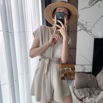 Cui Aunt Cui custom Hepburn pocket temperament waist slim short sleeve design tie-up pants one-piece shorts