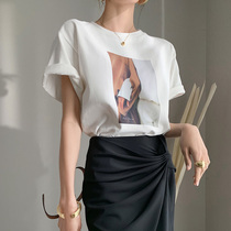 Cui Aunt Cui custom oil painting round neck print loose short sleeve T-shirt female 2021 New thin design feel top